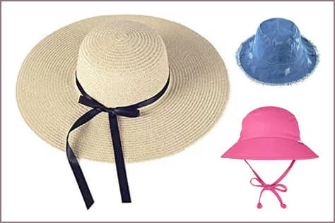 Sombrero de paja de ala ancha y sombreros de tela rosa y azul para damas en Cancun
