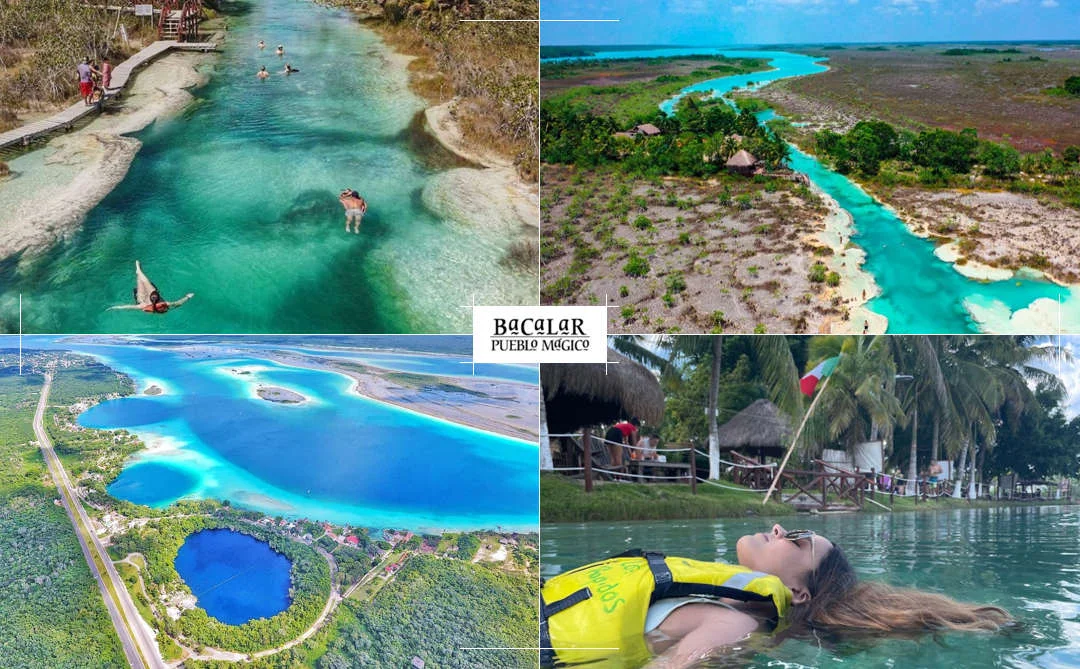 Turistas flotando con chalecos salvavidas en la corriente de los rápidos de Bacalar