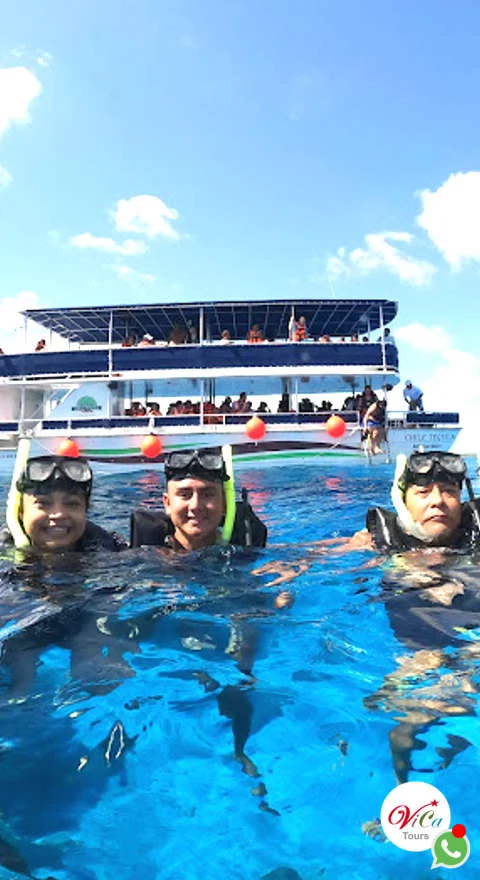 disfrute cozumel abordo de un catamaran de doble nivel, haga snorkel en cielo y arrecifes palancar, comida y barra libre