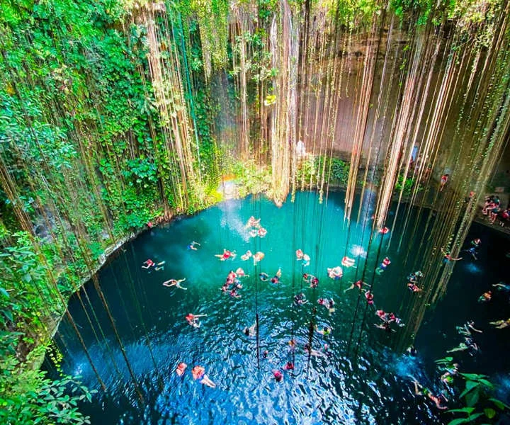 Personas nadando en las frescas aguas del cenote Ik Kil durante un tour todo incluido a Chichén Itzá con Vive Cancún Tours