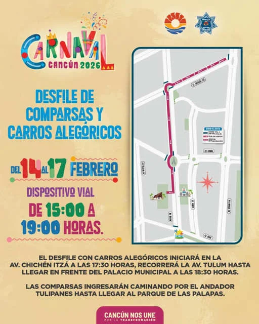 Desfile de carros alegóricos y comparsas durante el Carnaval en Cancún