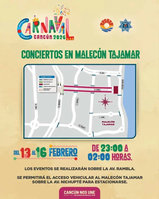 Celebración nocturna del Carnaval en Cancún con música y luces