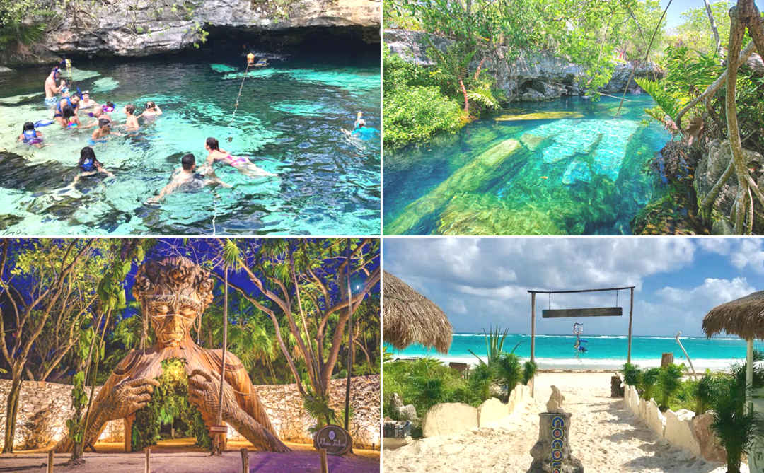 Dos Cenotes, Estatua de la Madre Naturaleza y tiempo de Playa en Tulum desde Playa del Carmen