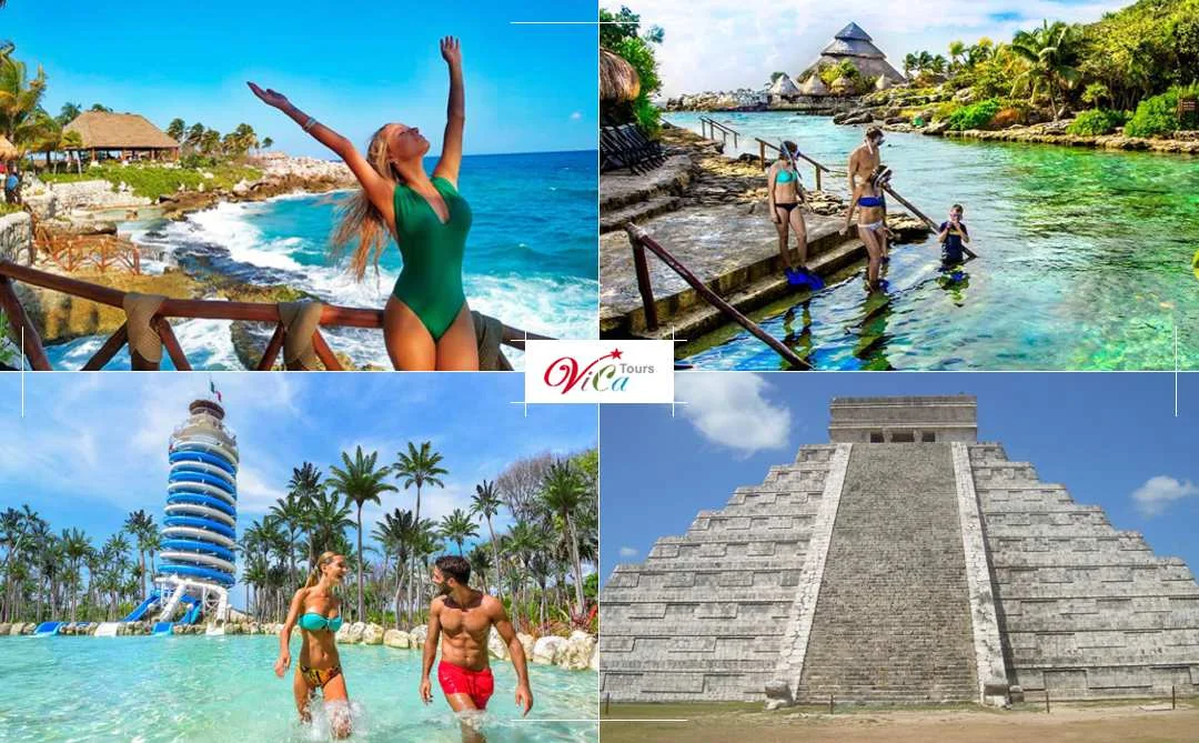 Turista deslizándose en tirolesa sobre la selva en el parque de aventura Xplor