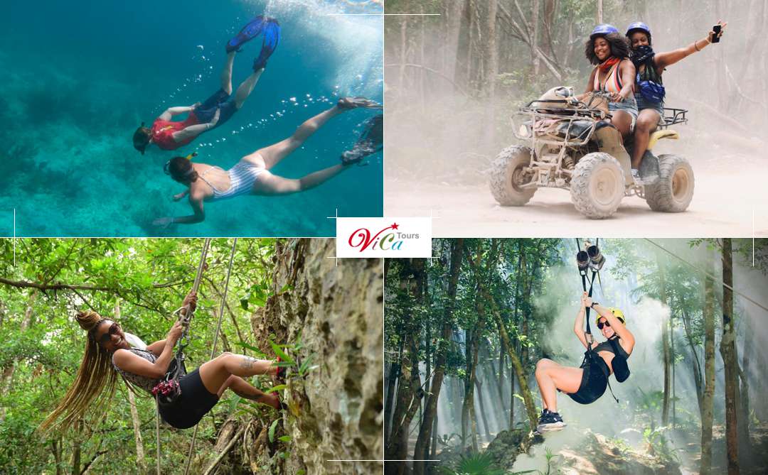 Arrecifes Adrenalina: Snorkel, Cuatrimoto, Tirolesas, Rapel, Cenote Caverna y Ceremonia Maya, traslado desde Cancún